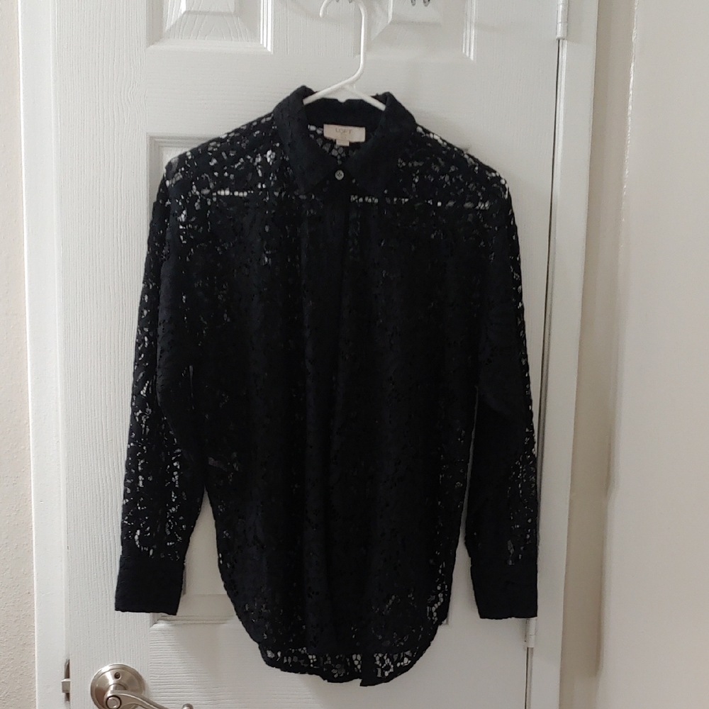 Ann Taylor Black Lace Button-Up Blouse